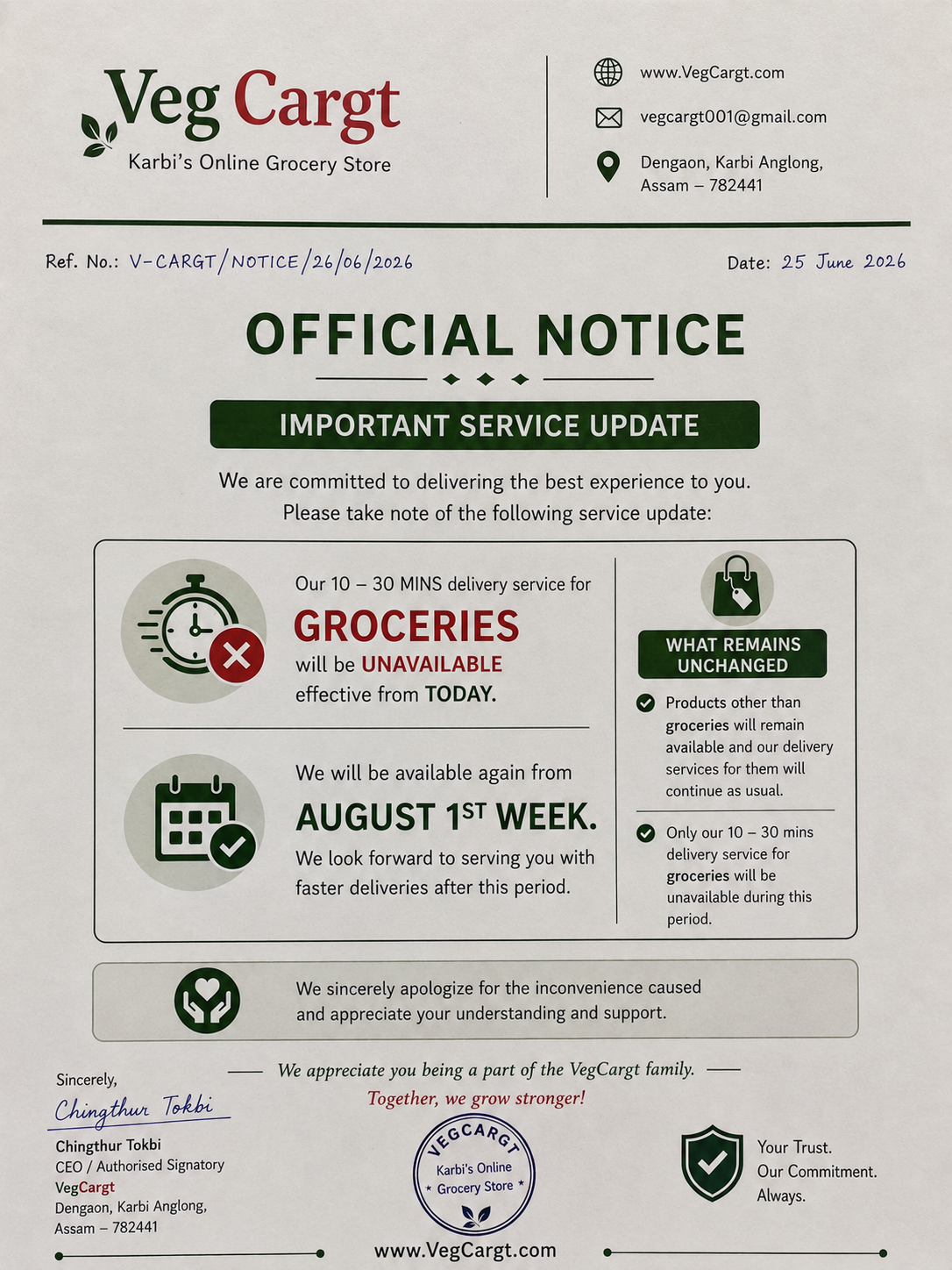 Update regarding unavailability of Vegcargt delivery services